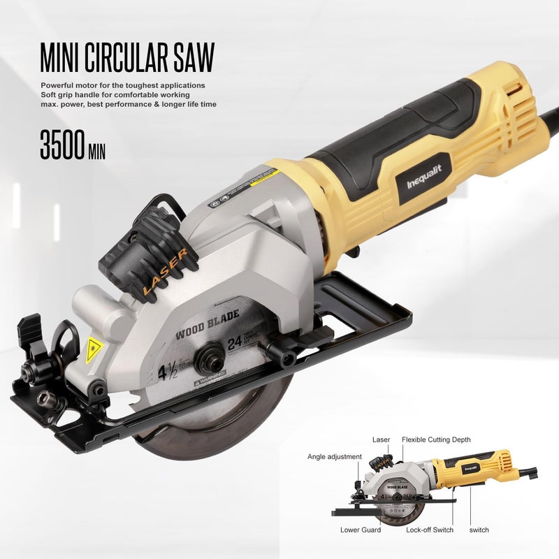 Inequalit 4Amp Mini Circular Saw, 3500RPM Corded Compact Saw with 4-1/2" 24T TCT Blades, Laser Guide, Rip Guide, Vacuum Adapter and Blade Wrench, Max Cutting Depth 1-11/16"(90°), 1-1/8"(45°） - Image 2